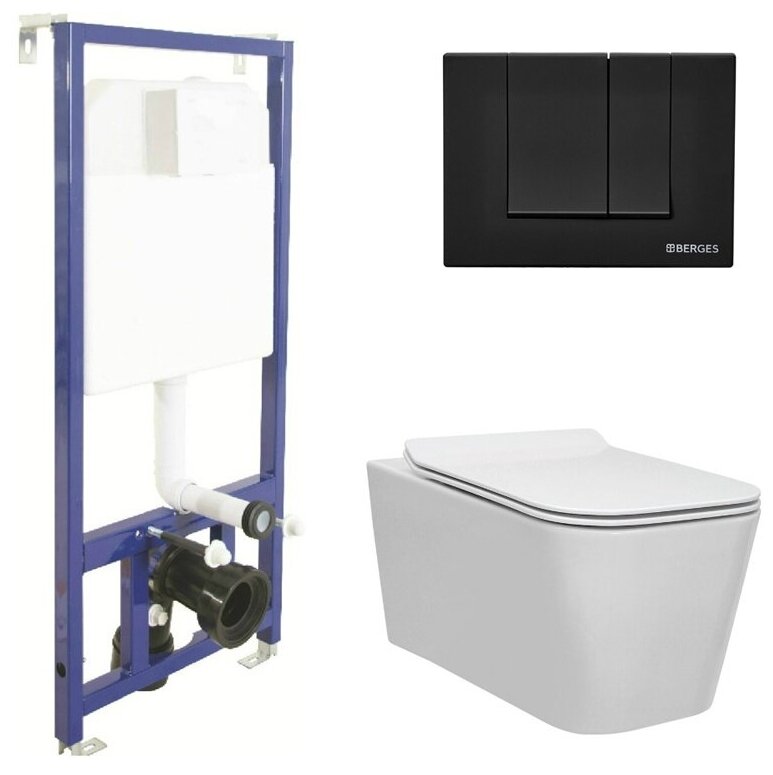 Berges Wasserhaus Инсталляция Novum525, 043230 в комплекте кнопка S5 SoftTouch черная, унитаз Floe R