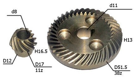 Коническая пара для УШМ ИНТЕРСКОЛ 125/1100, (Ф11*51,5, 38 зуб. Ф8*17,5, 11зуб.)