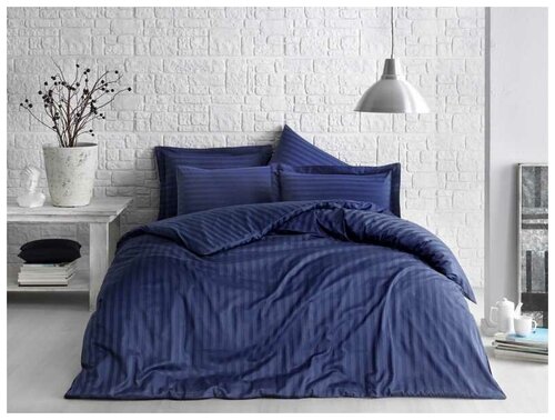 Комплект постельного белья Tivolyo home JACQUARD BANDED синий (семейный)
