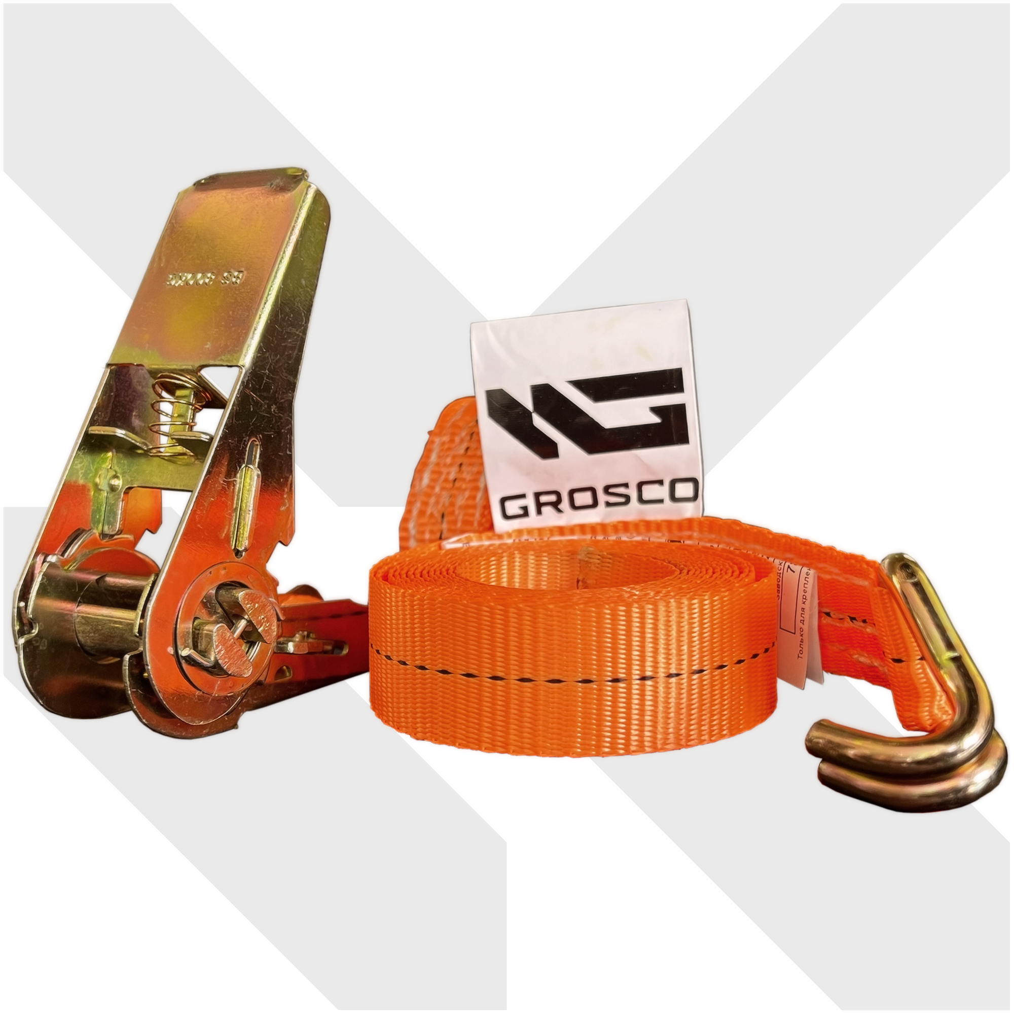 Стяжной ремень с крюками GROSCO 0,8т (1,6т) / 4м / 25мм для крепления груза с храповым механизмом