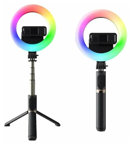 Монопод - Трипод - селфи палка кольцевая лампа LED RGB лампой 16 см с регулируемым штативом 85 см и Bluetooth пультом черный