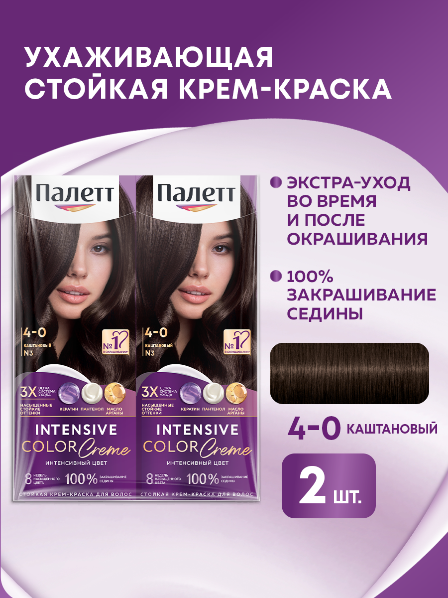 Палетт Стойкая крем-краска Интенсивный цвет 4-0 (N3) Каштановый, 110 мл