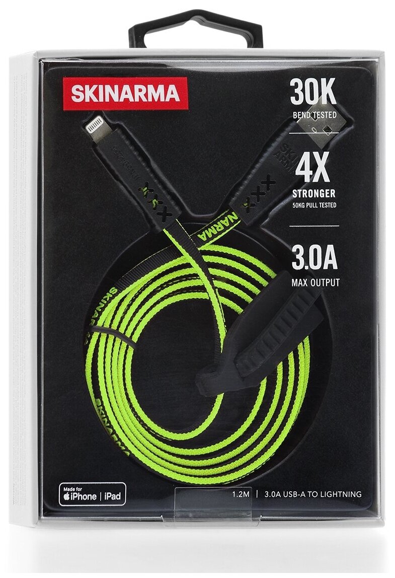 Кабель USB - lightning Skinarma Tenso Neon Green 1.2m 3A,MFi,быстрая зарядка,зарядный шнур,провод для айфона,для передачи данных,зарядка для Apple