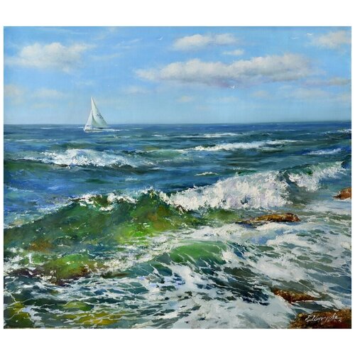 фото Картина на холсте маслом "вдоль берега моря под парусами" 62 x 62 см. автор: гончарова елена (багетная рама в подарок) бачетта