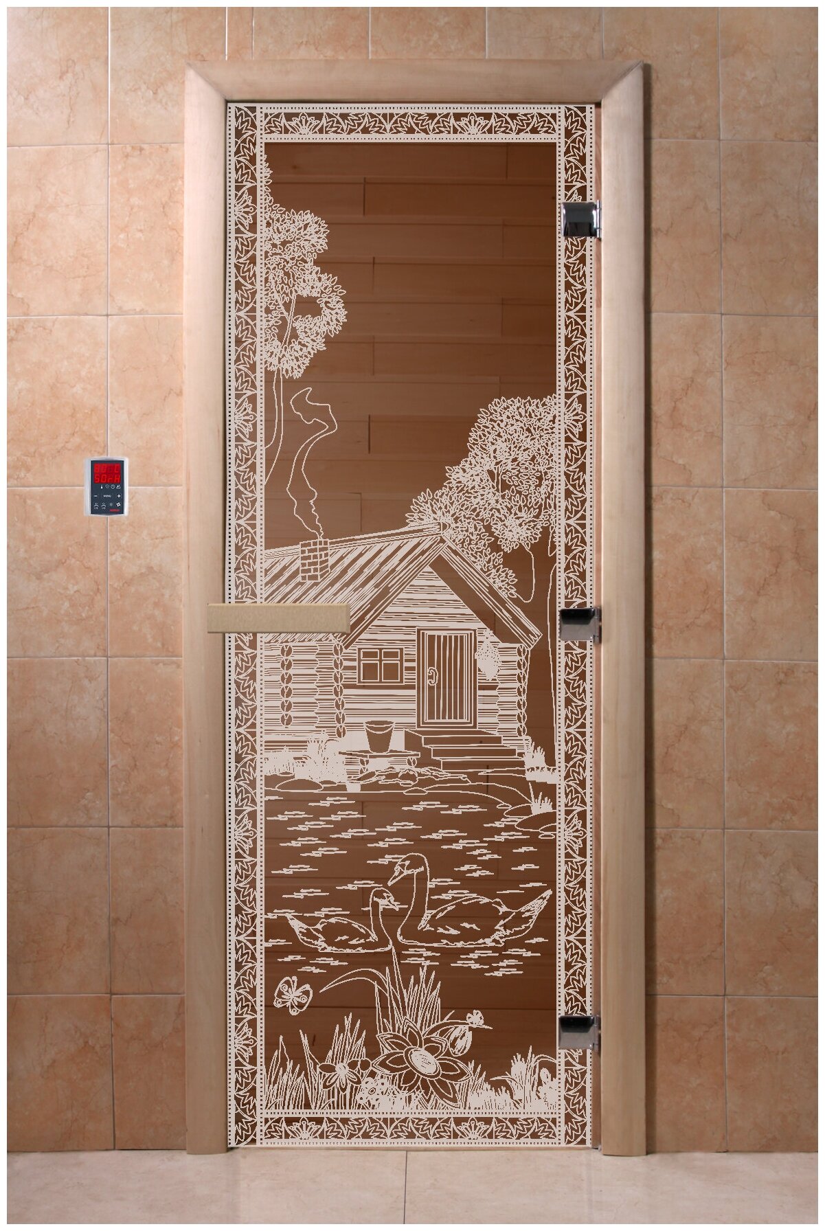 Дверь для бани DW, бронза "Банька в лесу" (коробка: осина/ольха 1900х700мм)