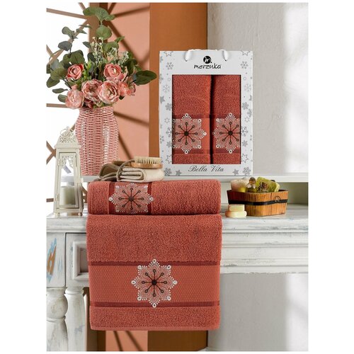 фото Подарочный набор полотенец для ванной 50х90, 70х140 merzuka bella vita хлопковая махра терракотовый merzuka (турция)