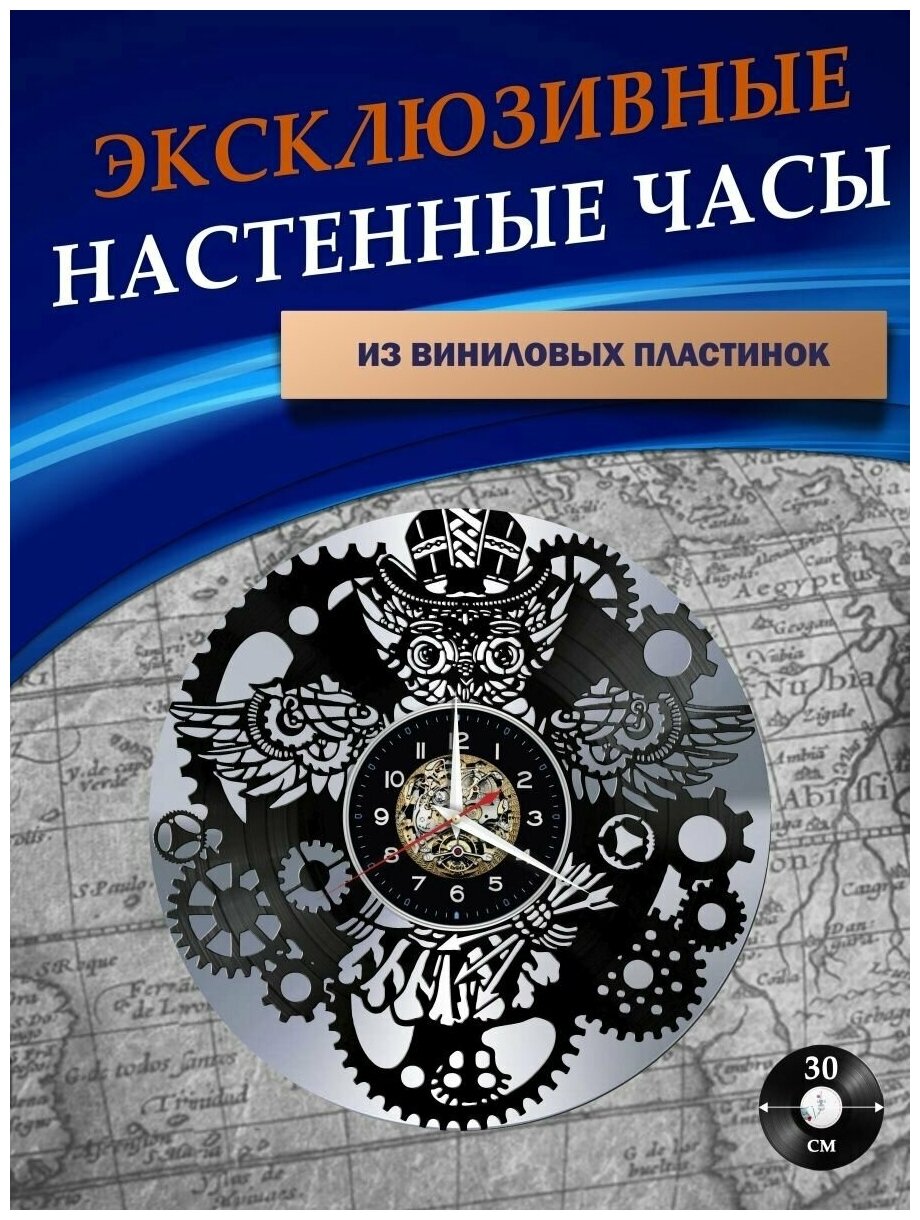 Часы настенные из Виниловых пластинок - Совы (серебристая подложка)