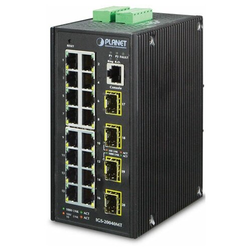 IP30 Industrial 16* 10/100/1000TP + 4* 100/1000F SFP Full Managed Ethernet Switch (-40 to 75 degree C, 2*DI, 2*DO), ERPS Ring, 1588