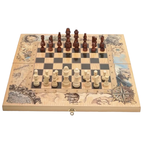 Шахматы, шашки, нарды. Подарочный набор 3 в 1 из дерева Морские 50х50 см