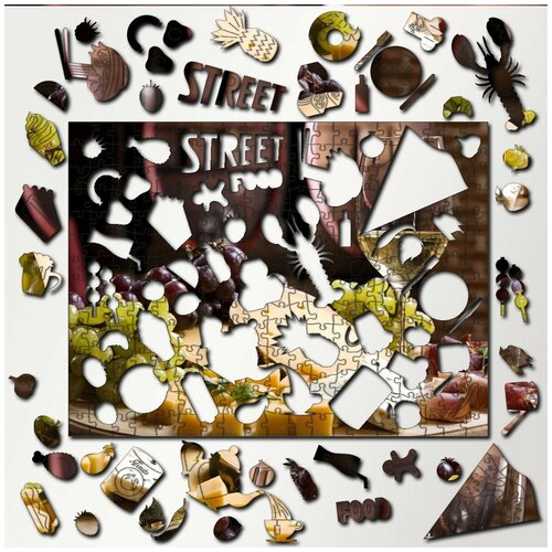 Пазл деревянный с фигурками из дерева 340 деталей 36х27 см еда сыр виноград вино - 3235