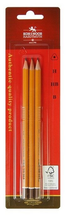 Набор карандашей чернографитных разной твердости 3 штуки Koh-I-Noor 1580 ART, B, H, HB, в блистере