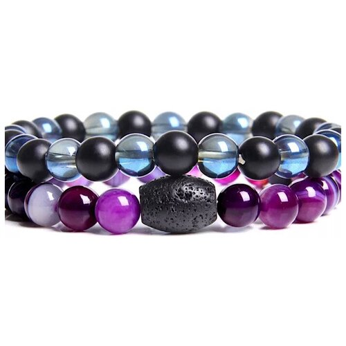 Комплект браслетов, агат, 2 шт., размер 17 см, черный, фиолетовый агат фиолетовый браслет классика 6мм
