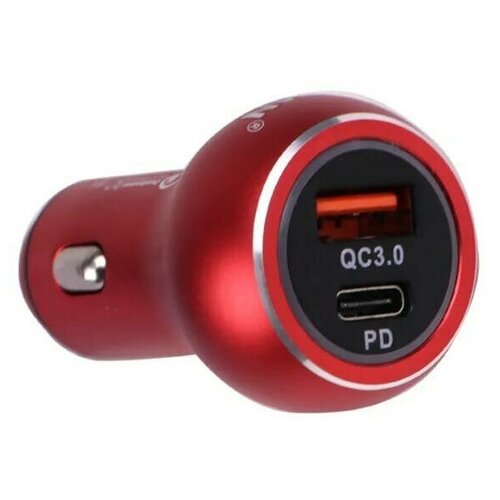 фото Автомобильное зарядное устройство usb + type-c в прикуриватель автомобильный 3.1a, qc3.0 (металл) красный takara