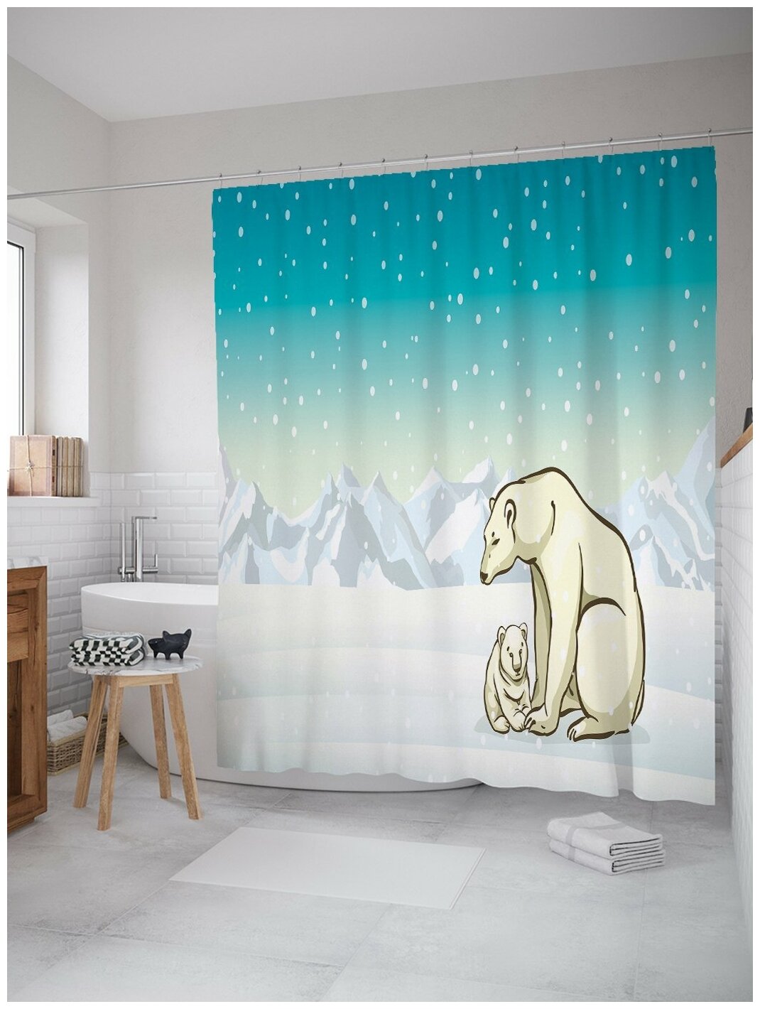 Штора водоотталкивающая для ванной, занавеска в ванную комнату тканевая JoyArty "Медведи на снегу", 180х200 см