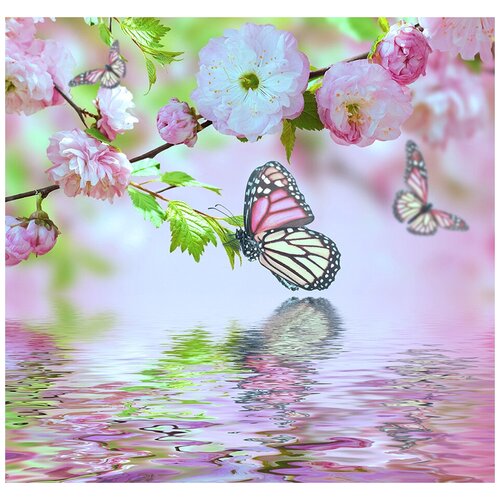 Фотообои Уютная стена Бабочки на цветках дерева 280х270 см Виниловые Бесшовные (единым полотном)