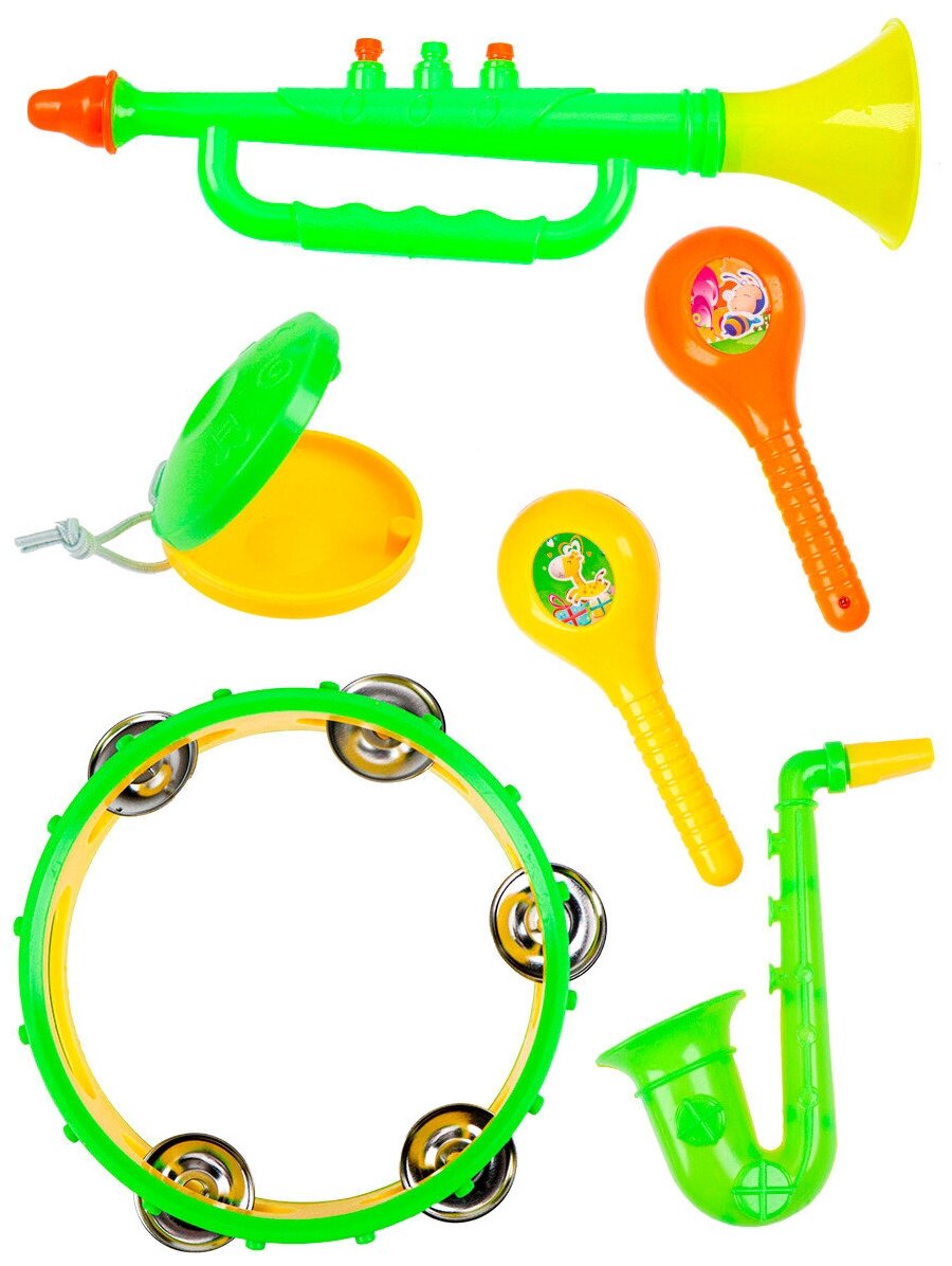 Набор детских музыкальных инструментов 6 предметов: бубен труба саксофон маракасы кастаньеты 33х21х5 см