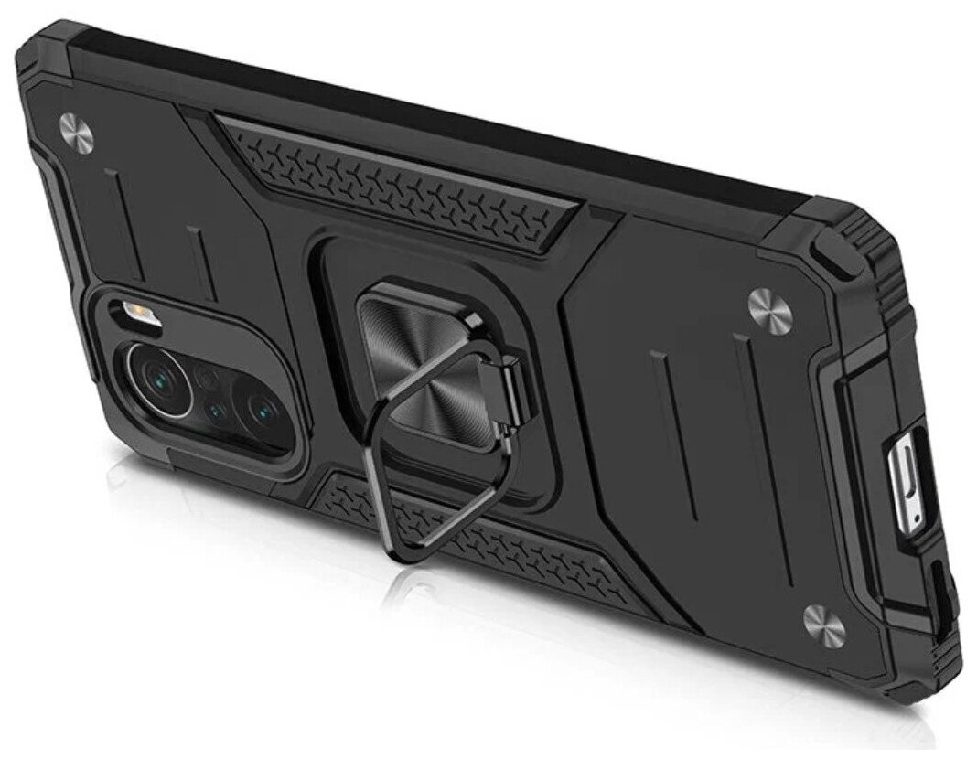 Противоударный чехол для Xiaomi Redmi K40, Redmi K40 Pro +, Poco F3 черный с пластиной и кольцом подставкой — фото 1