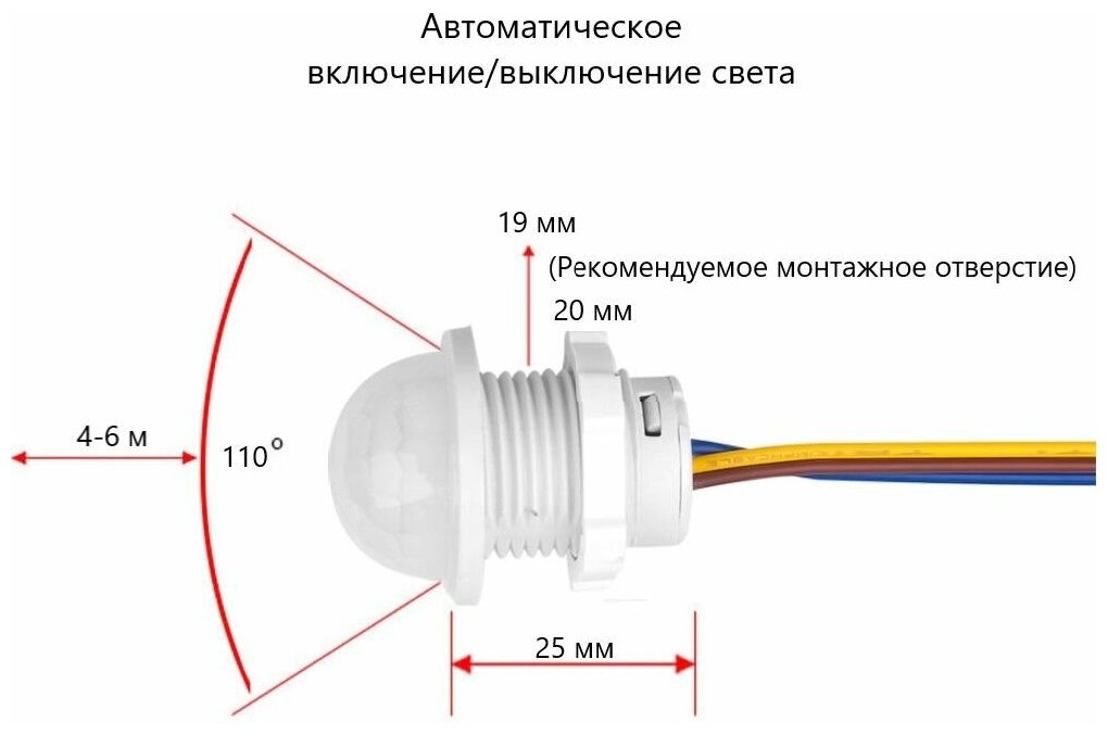 Инфракрасный (ИК) датчик движения, дальность 4-6 метров, угол обзора 110', IP22, 220В (Н)