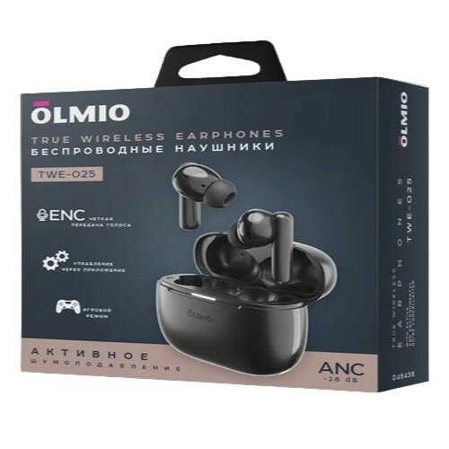 Наушники беспроводные TWE-25, ANC+ENC, True Wireless, черные, OLMIO 46436
