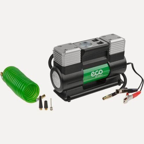 Изображение товара Автомобильный компрессор Eco AE-028-2 (12 В, 280 Вт, 70 л/мин, 2 цилиндра, 10 бар (манометр 7 бар), фонарь, сумка)