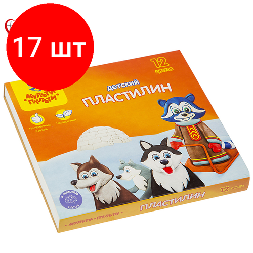 Комплект 17 шт, Пластилин Мульти-Пульти Енот на Аляске, 12 цветов, 180г, со стеком, картон