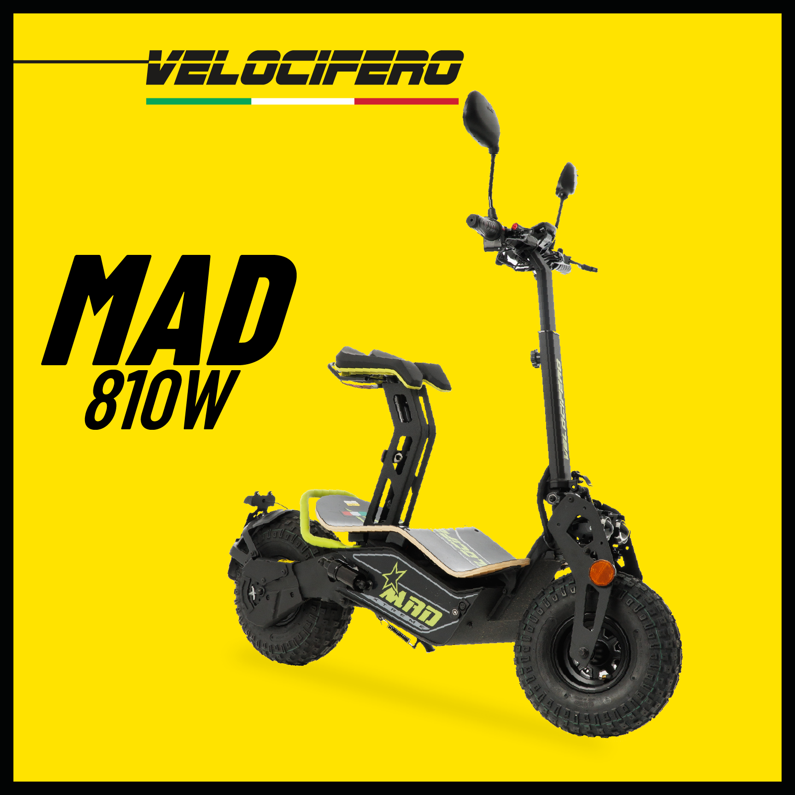 Электросамокат с сиденьем Velocifero MAD 810W универсальная, маневренная и проходимая модель большого самоката