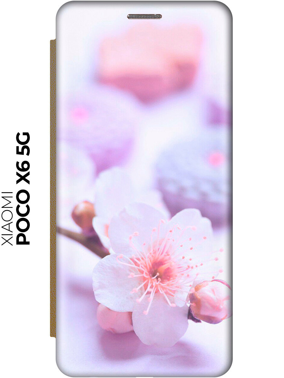Чехол-книжка на Xiaomi Redmi Note 13 Pro 5G / Poco X6 5G / Сяоми Редми Ноут 13 Про 5г / Поко Х6 5г с рисунком "Цветок вишни" золотой