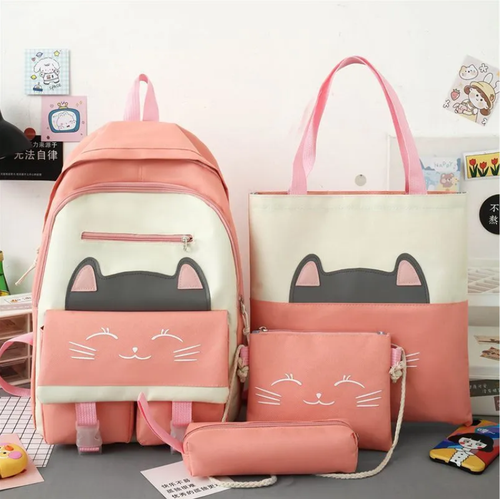 Рюкзак школьный для девочек 4в1 ранец с кошечкой, набор сумок розовый рюкзак в школу