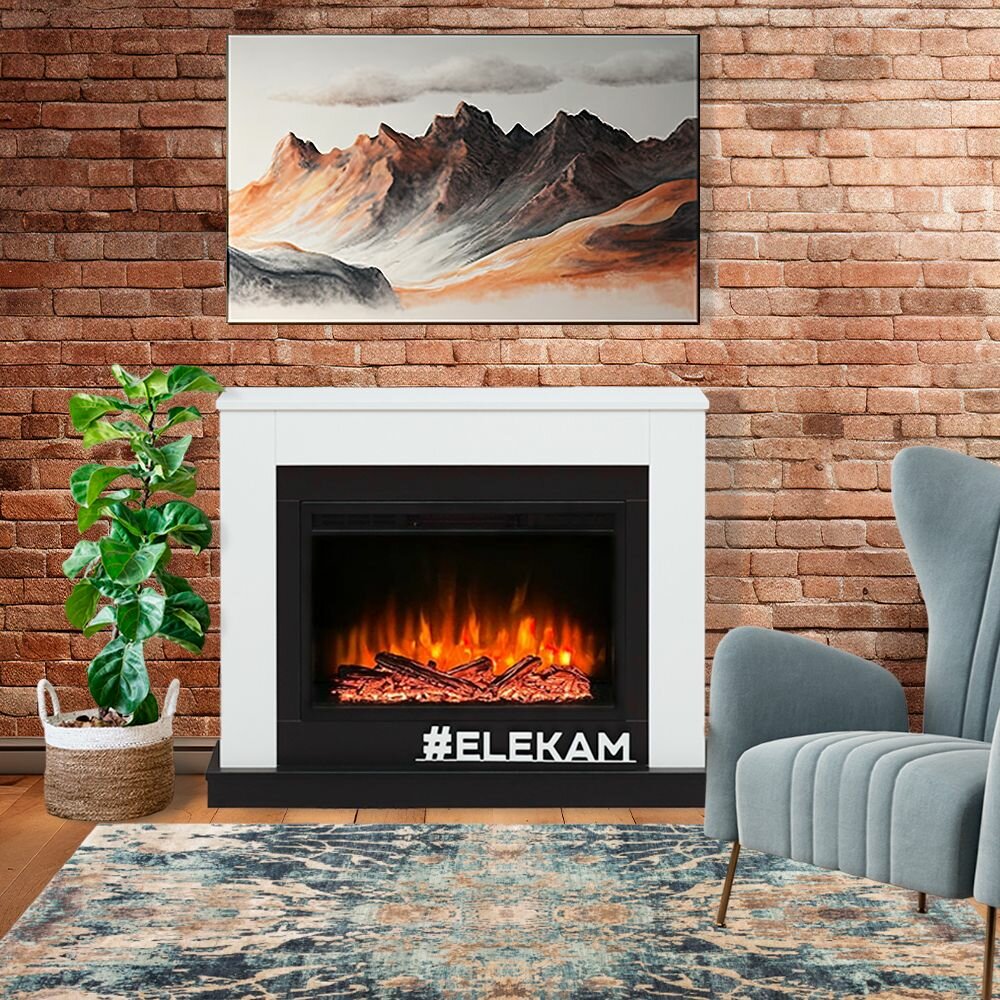 Электрический камин ELEKAM LIGHT max белый с пультом, обогревом и звуком потрескивания дров (Электрокамин)