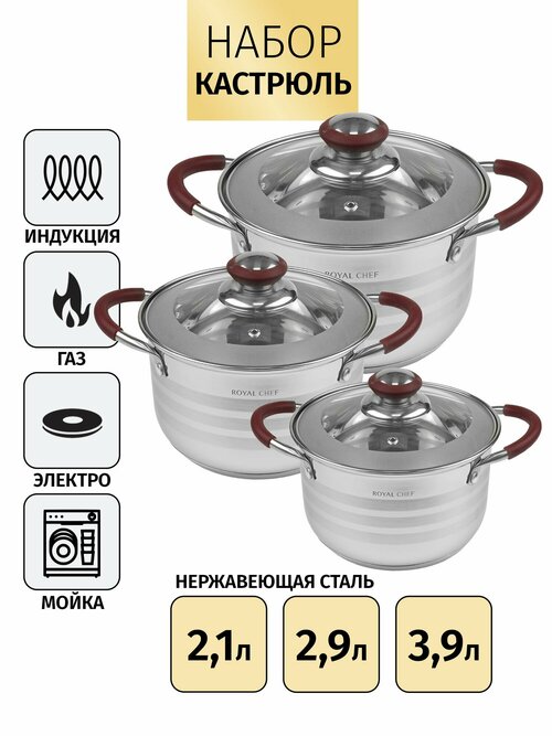 Набор кастрюль Royal Chef из нержавеющей стали. 2,1 л/2,9 л/3,9 л