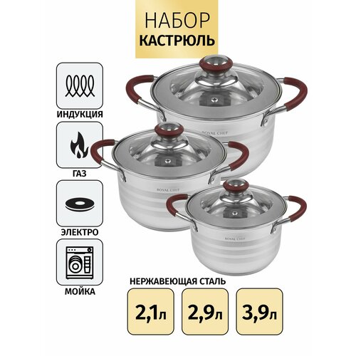 Набор кастрюль Royal Chef из нержавеющей стали. 2,1 л/2,9 л/3,9 л