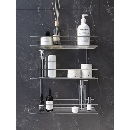 Полка для ванной настенная прямая 3 ярусная, хром, два вида крепления