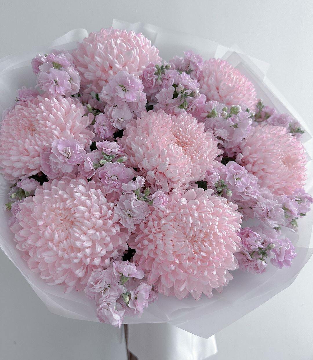 Сборный букет из розовых пионовидных хризантем и розовой маттиолы с доставкой до двери