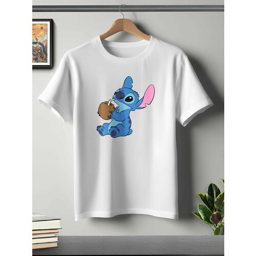 фото Футболка oneq унисекс 56-58 (3xl) размер с принтом стич, белая, размер 3xl, белый