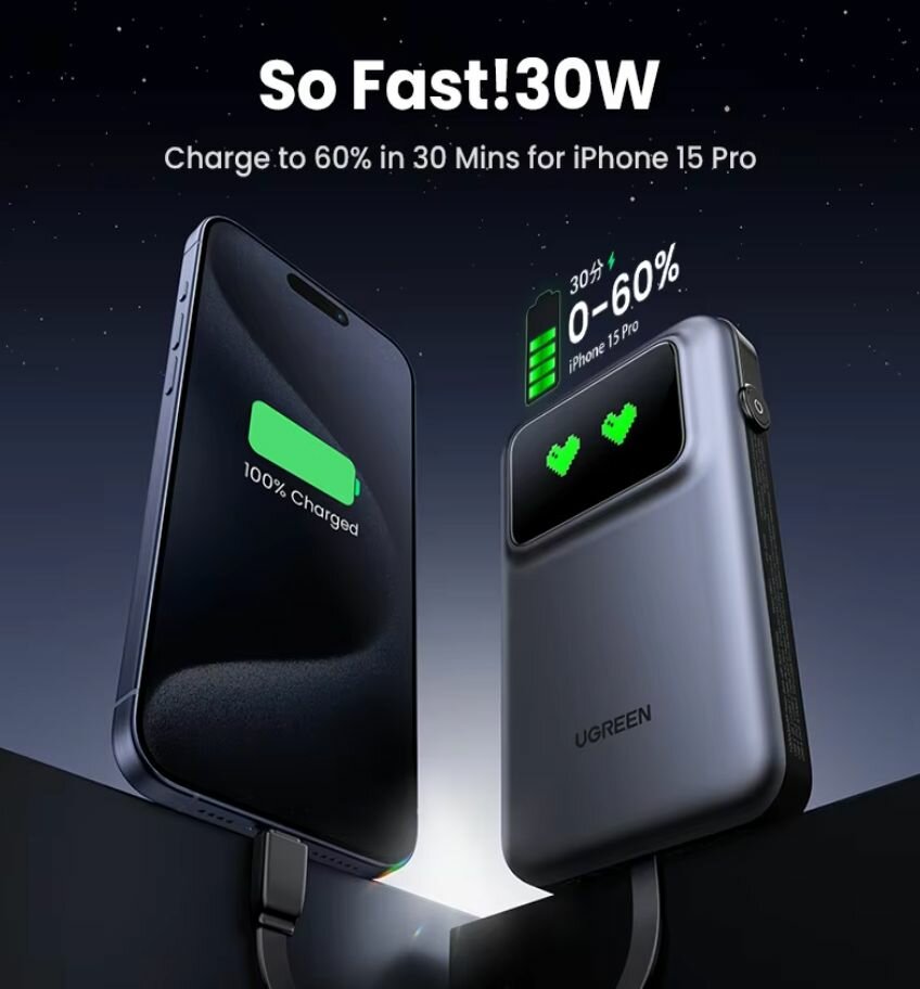 Повербанк, внешний аккумулятор Ugreen Uno 10000мАч 30W Black — фото 1