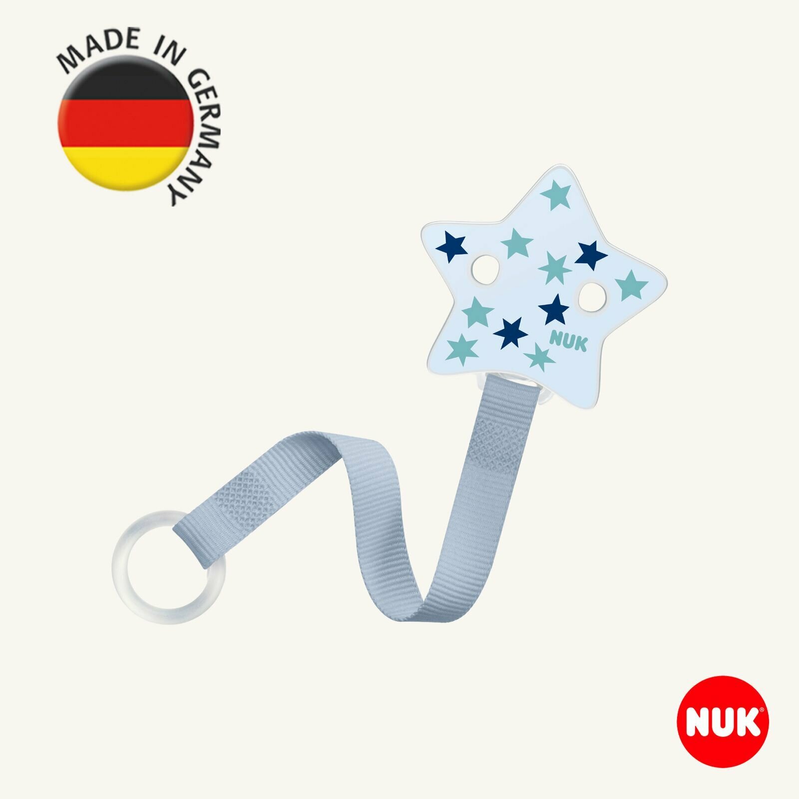 NUK Ленточка-держатель для соски-пустышки с клипсой, голубая, Германия