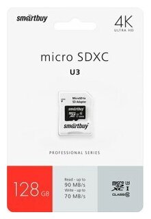 Карта памяти micro SDXC 128Gb SmartBuy Pro UHS-I U3 + ADP (90/70 Mb/s)