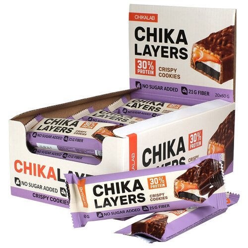 Bombbar, Chikalab – Chika Layers, упаковка 20шт по 60г (Хрустящее печенье с двойным шоколадом) chikalab батончик протеиновый layers фундук карамель 60 г 20 шт