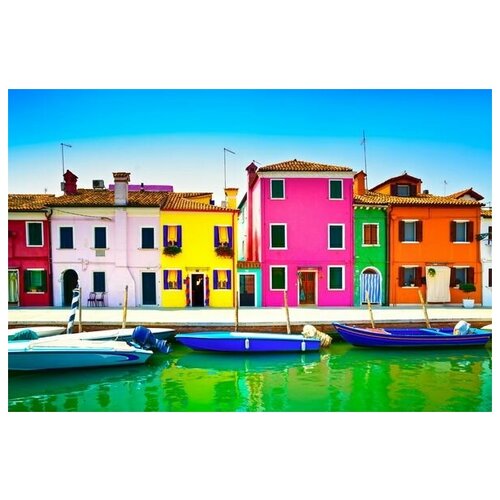 фото Постер на холсте цветные дома и лодки на канале венеции 45см. x 30см. твой постер