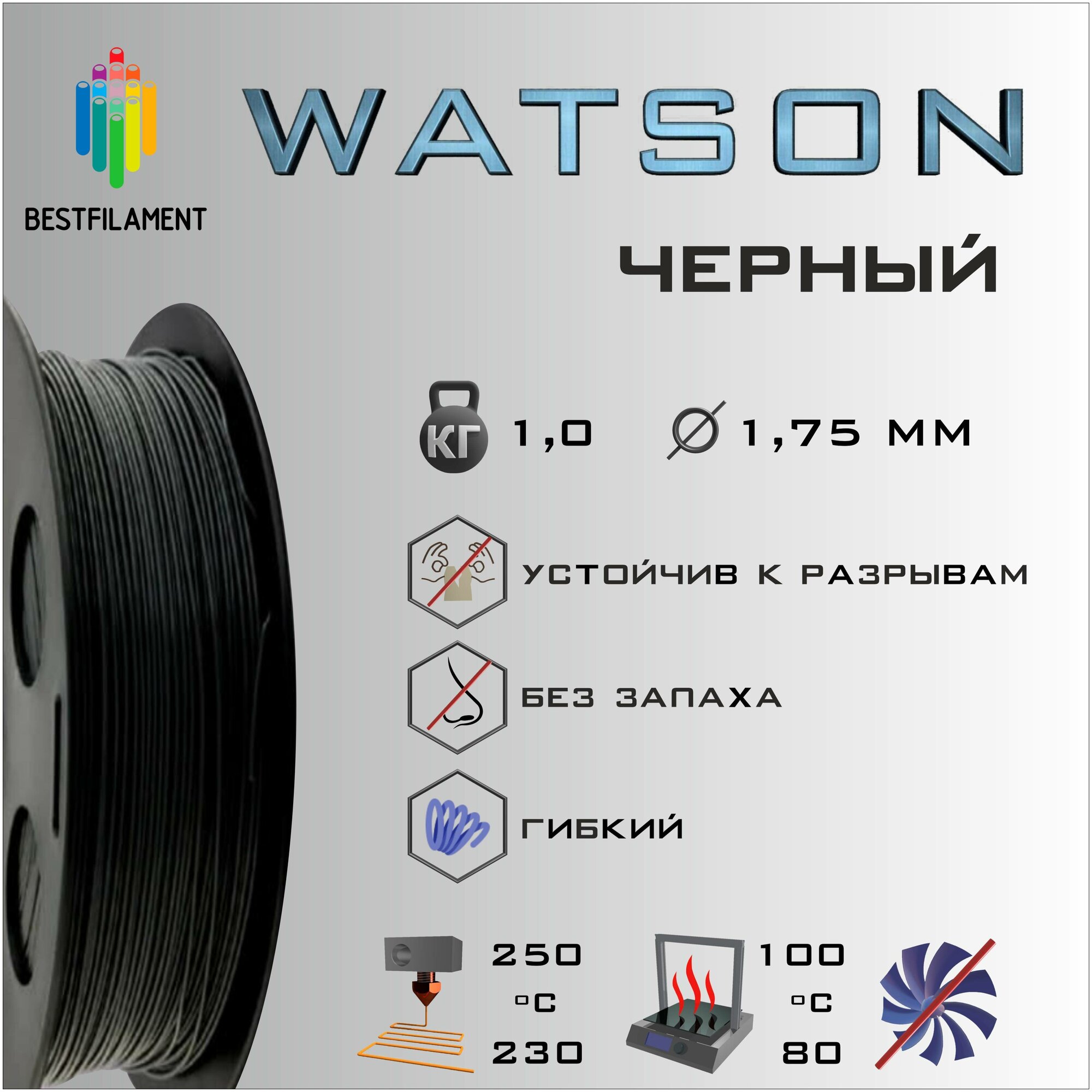 SBS Watson Черный 1000 гр. 1.75 мм пластик Bestfilament для 3D-принтера