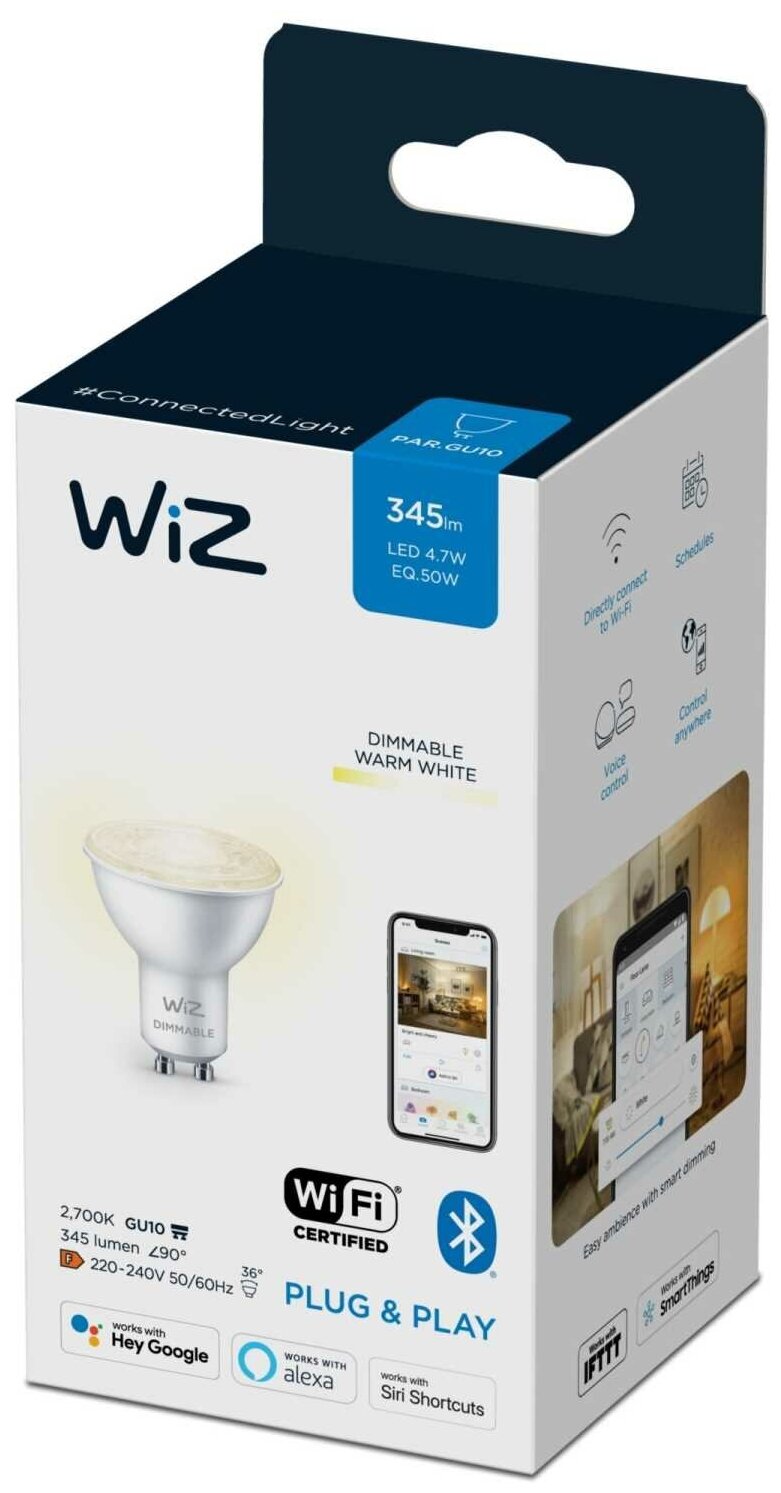 Лампа светодиодная WiZ BLE50WGU10927DIM1PF/6, GU10, PAR16, 4.7 Вт, 2700 К - фотография № 4