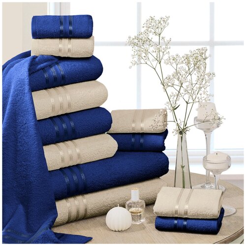 фото Доми набор из 12 полотенец harmonika цвет: экрю, синий 33х50 см - 6 шт, 50х80 см - 4 шт, 70х130 см - 2 шт dome