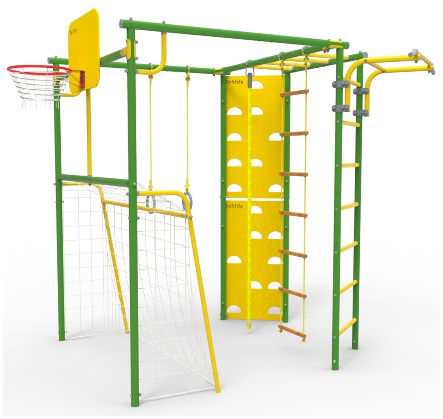 Спортивный комплекс детский уличный Атлет-Т / ворота, скалодром, рукоход, веревочная лестница, баскетбольное кольцо / зеленый