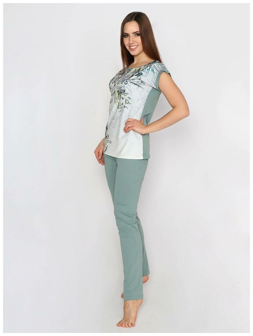 Комплект женский "оливки" футболка+брюки кулирка+микрофибра хаки, 46 - фотография № 2
