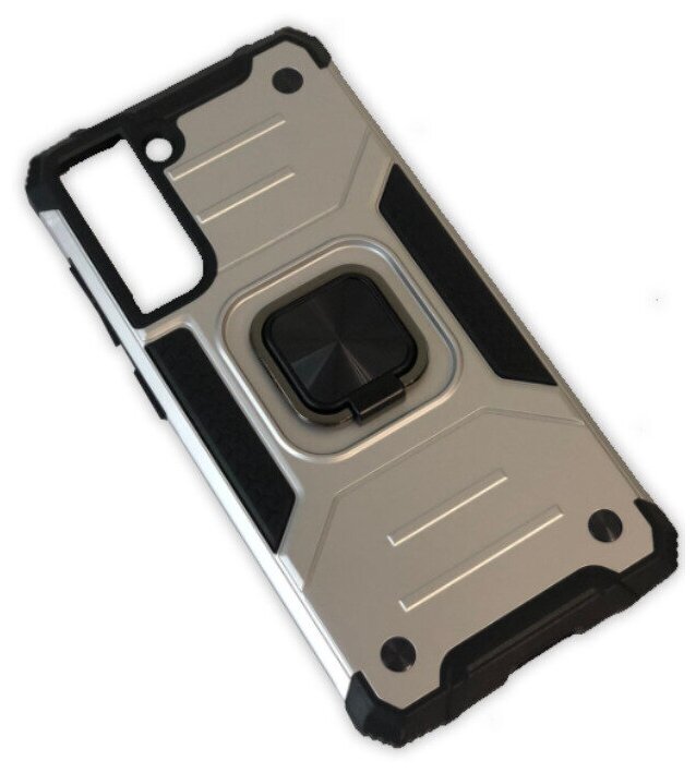 Противоударный чехол для Samsung Galaxy S21FE серебро с пластиной для магнитного автодержателя и подставкой — фото 1