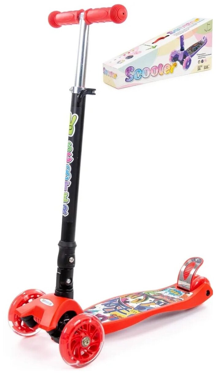 Самокат детский, трехколесный, светящиеся колеса, регулируемый руль, красно-черный, размер - 57 х 25,7 х 79 см.