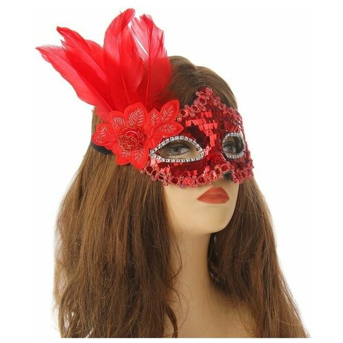 фото Карнавальная маска страна карнавалия "леди", с пером, цвет красный