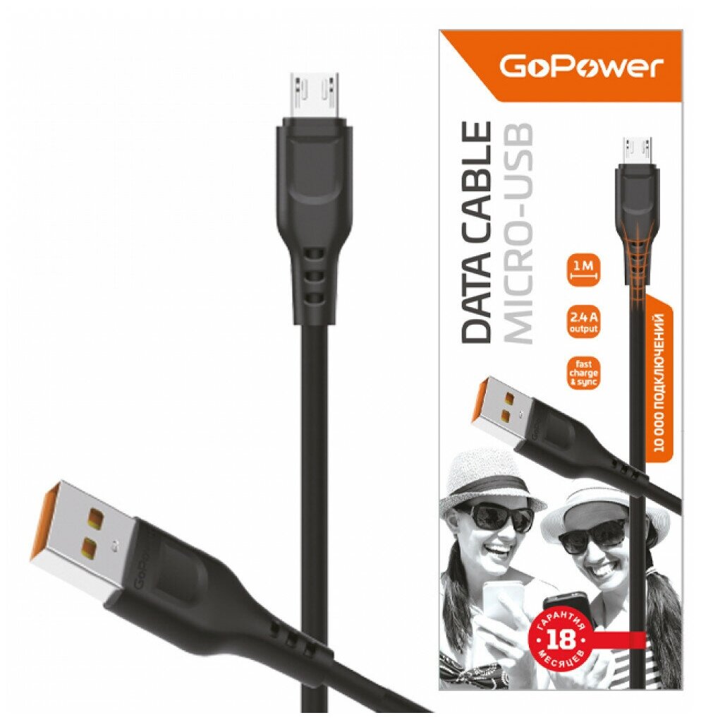 Кабель GoPower GP01M USB (m)-microUSB (m) 1.0м 2.4A ПВХ черный (1/800)