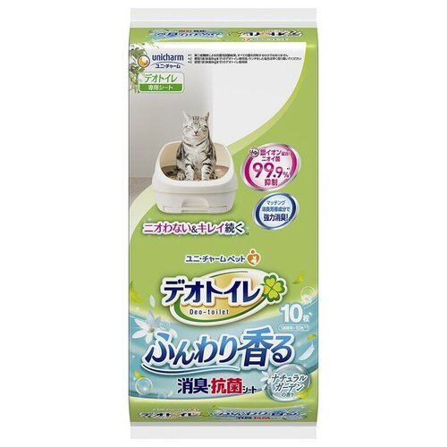Unicharm Deo Toilet Дезодорирующая антибактериальная впитывающая салфетка для cистемных туалетов для кошек с ароматом зеленого сада, 10 шт