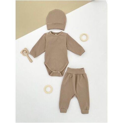 фото Комплект одежды детский, боди и брюки и шапка, повседневный стиль, размер 74, коричневый россия
